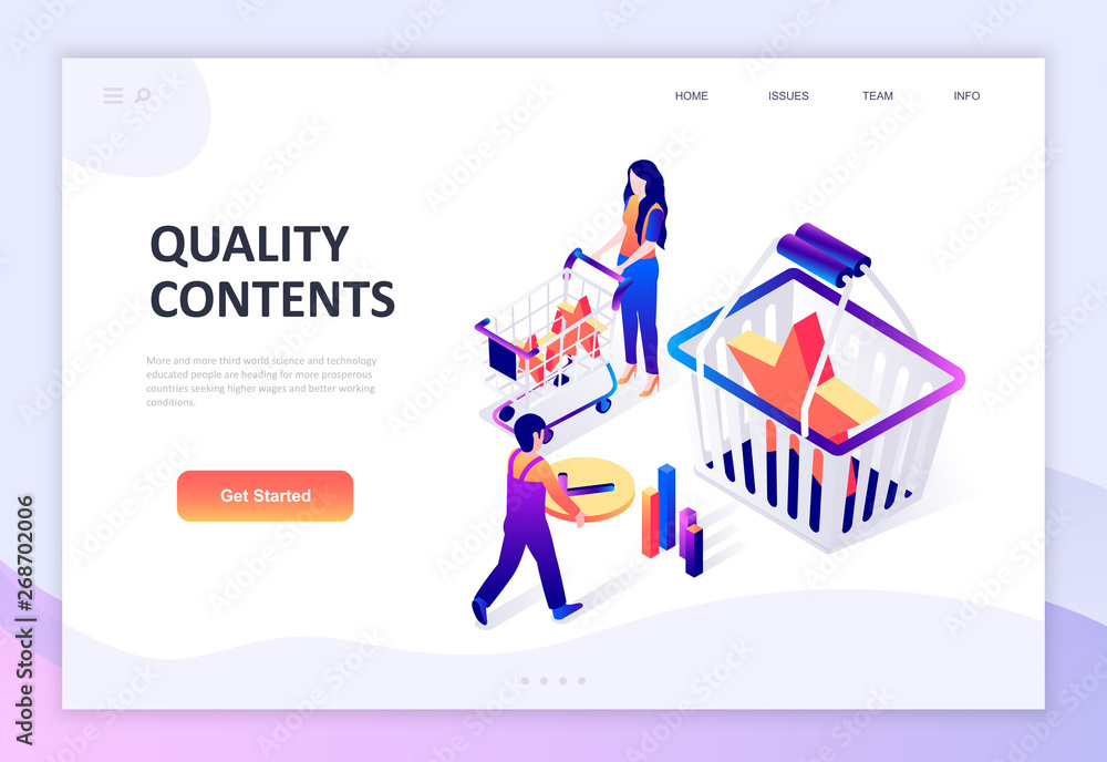 Modern flat design isometric concept of Quality Content decorated people character for website and mobile website development. Isometric landing page template. Vector illustration.