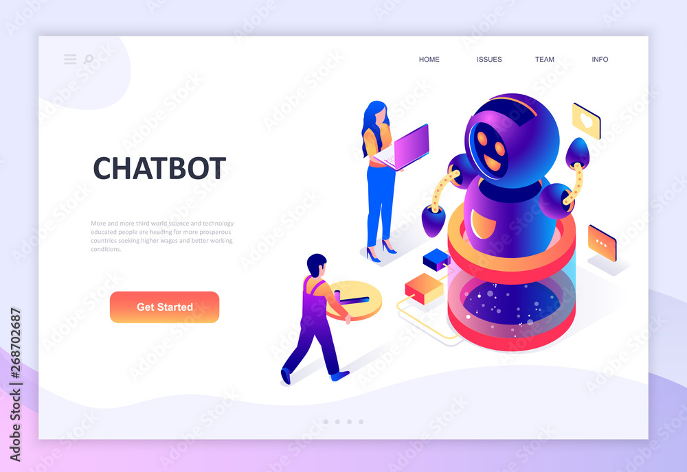 Modern flat design isometric concept of Chat Bot and Marketing decorated people character for website and mobile website development. Isometric landing page template. Vector illustration.
