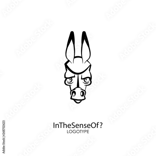 Head of a ridiculous serious donkey on a white background. Sticker, pattern, background, wall decoration. Vector illustration. Cartoon character farm animal. Need to think! In the sense of?