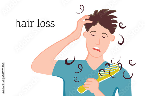 The man saw the hair on the comb and sad because of the loss and baldness. Vector illustration of a person with disease problems