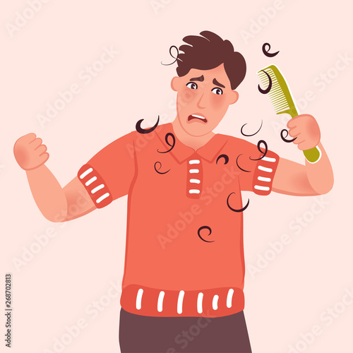 The man saw the hair on the comb and sad because of the loss and baldness. Vector illustration of a person with disease problems