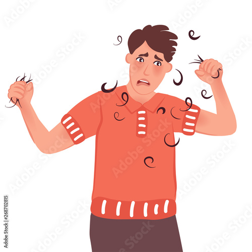 A man holds in his hand fallen hair. Vector illustration of people with baldness
