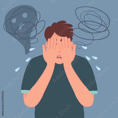 The young man was frightened and covered his face with his hands. Vector illustration of human mental and neurological diseases