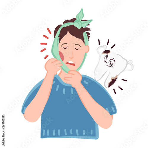 A person suffers from acute toothache and caries. Flux or inflammation in the gums and cheek. Cartoon evil tooth with bacteria. Vector illustration for dentistry