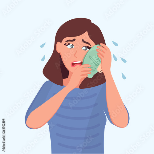 The sad girl holds a bag of ice at the sick tooth. Toothache. Vector illustration of a cartoon sick people