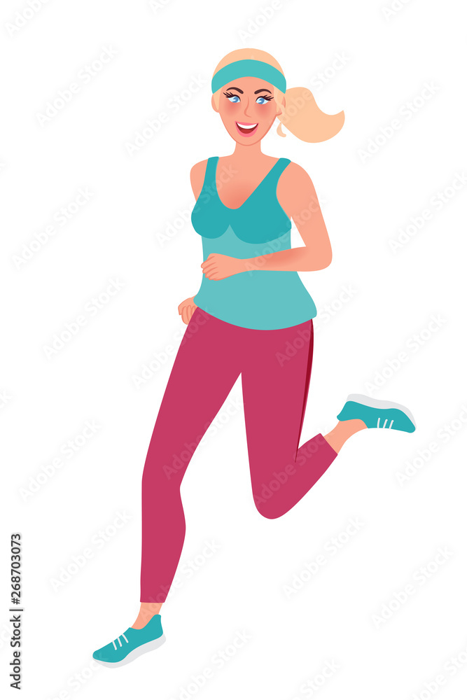 A girl on a morning jog. Running young woman. Vector illustration of running and healthy lifestyle A girl on a morning jog. Running young woman. Vector illustration of running and healthy lifestyle