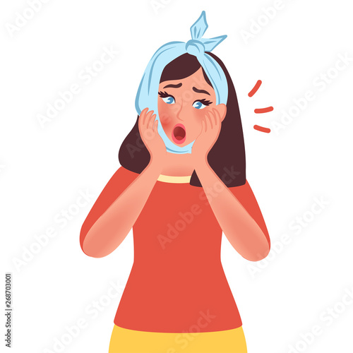 A girl holds the hands of the patient's tooth. Toothache. Vector illustration of people getting sick