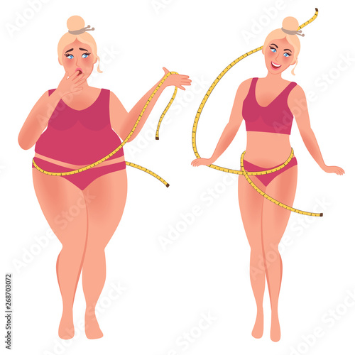 Skinny and fat girl before and after weight loss. People with obesity problems. Vector graphics