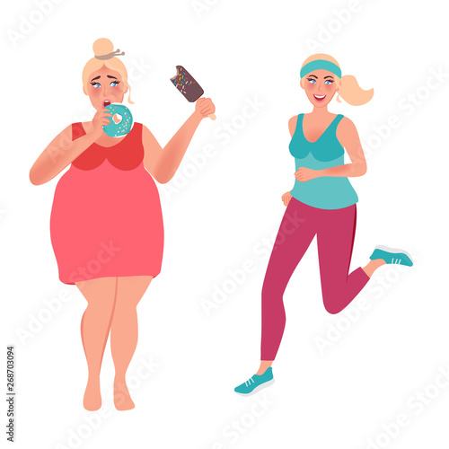 Concept sporty girl and fat woman holding ice cream in her hand. Vector illustration of health and bad habits