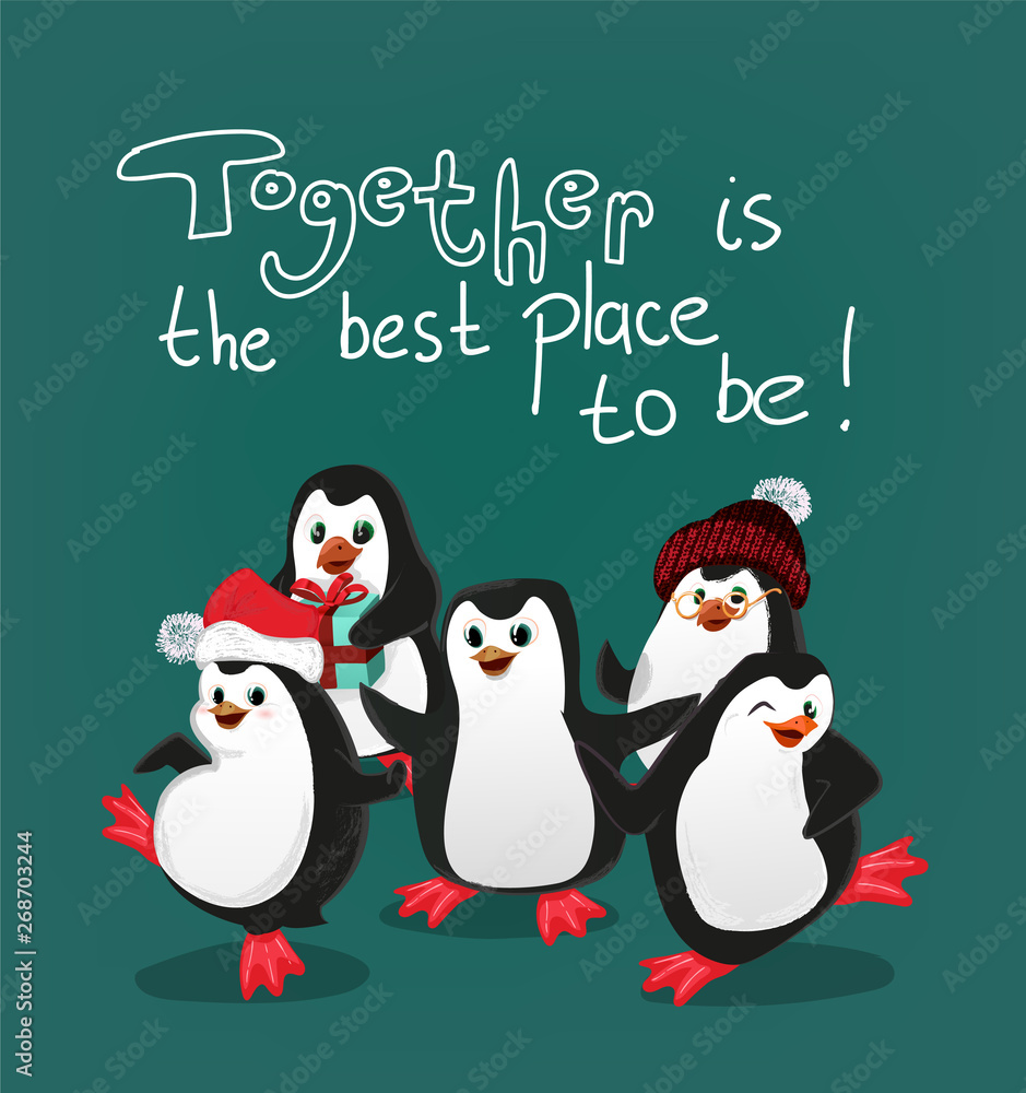 Obraz premium penguin with friends christmas card vector together is the best place to be