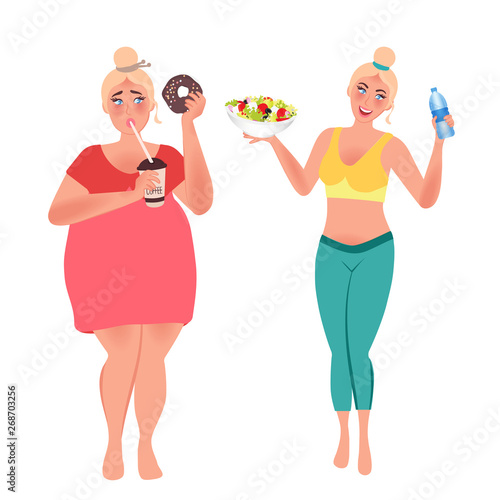 Full girl eats harmful food, and slender girl salad and water. The concept of proper nutrition and weight loss. Vector graphics