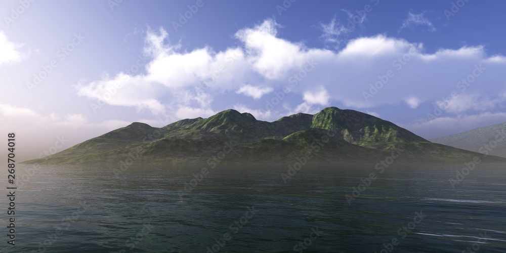 Island in the ocean under a blue sky with clouds Island in the ocean under a blue sky with clouds