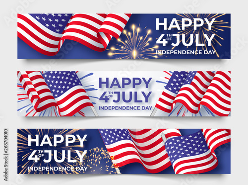 USA Independence day. Three horizontal banners with USA flags. 4th of July poster templates