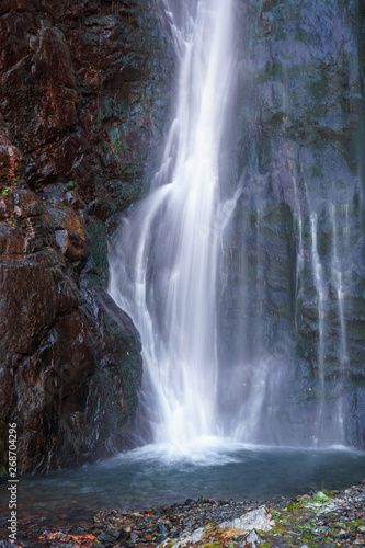 Gveleti Big Waterfalls in a Dariali Gorge near the Kazbegi city in the mountains of the Caucasus, Geprgia