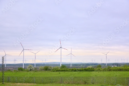 Wind mill turbines in field with blue sky and clouds and green summer grass on the front. Alternative renewable energies. Ecological clean energy. Electricity wind stations. Wind turbine generator 