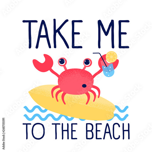 Cartoon cute crab and summer illustration vector.