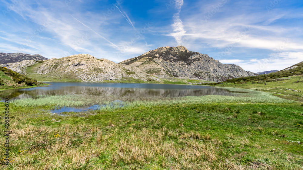 Fototapeta premium View of Isoba Lake in the Cantabrica mountain range in Leon, Spain, during spring.