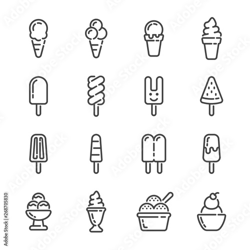 Set of ice cream and popsicle outline icons. Vector illustration.