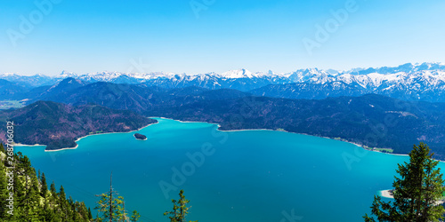 View on the Lake Walchensee from the top of Herzogstand, people can reach it with Herzogstand Cable Car, Bavaria, Germany photo