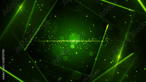 Green virtual abstract background space tunnel with neon line lights. Reality square portal arch tunnel. Spectrum vibrant colors laser show.