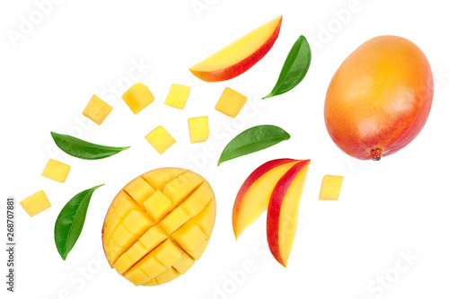 Mango fruit half with slices isolated on white background. Set or collection. Top view. Flat lay