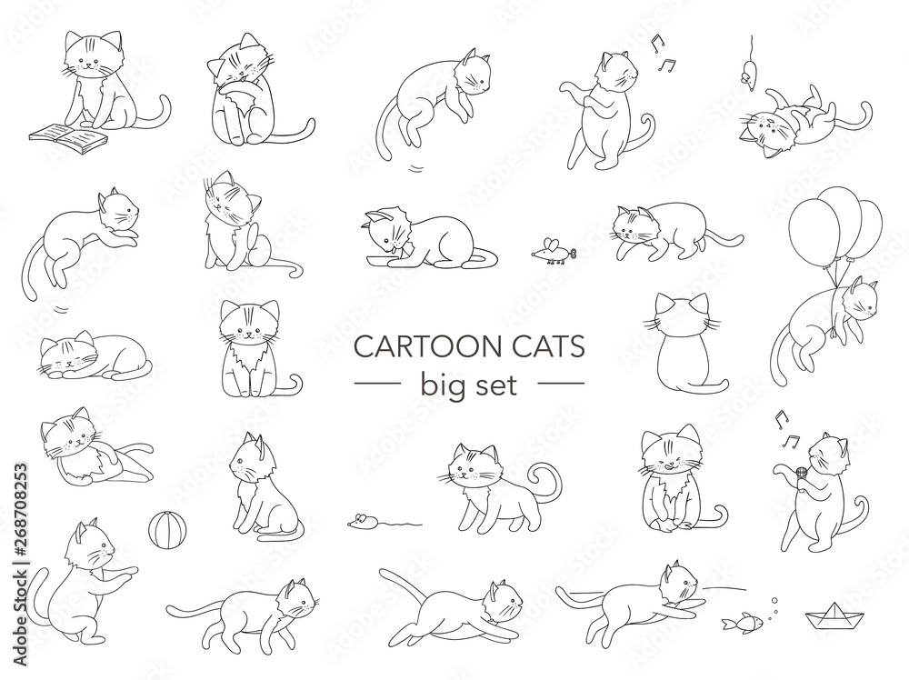 Vector set of cute cartoon style cat in different poses. Animal character illustration for children. Hand drawn line drawings of funny kitten. Big collection of pets for kids, coloring, animation.