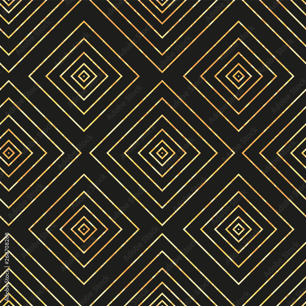 Vector seamless geometric pattern with golden diamond on black background. Repeat backdrop with optical illusion. Trendy glittering wallpaper. Vector seamless geometric pattern with golden diamond on black background. Repeat backdrop with optical illusion. Trendy glittering wallpaper.