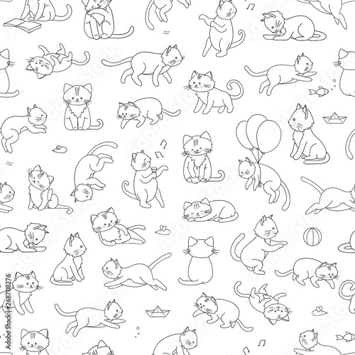 Vector seamless pattern of cute cartoon style cat in different poses. Animal character illustration for children. Hand drawn line drawings of funny kitten. Repeat background with pets for kids.