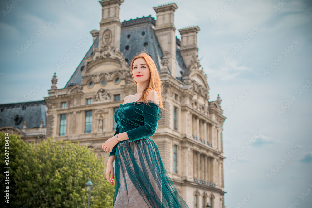 Pretty stylish girl rest in Paris, modern nice lady, woman lifestyle, vintage fashionable mix clothes look 