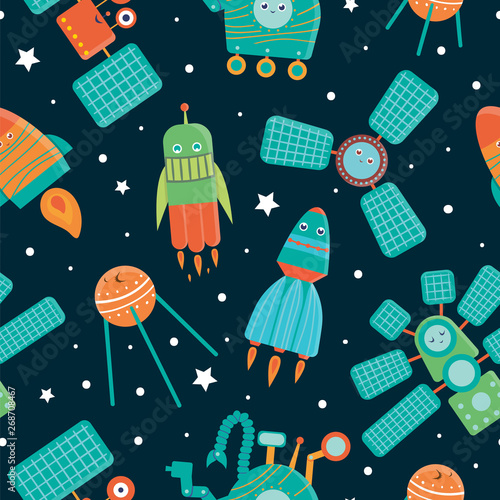 Vector seamless pattern of space technics for children. Bright and cute flat illustration of spaceship,  rocket,  satellite,  space station,  rover on dark blue background