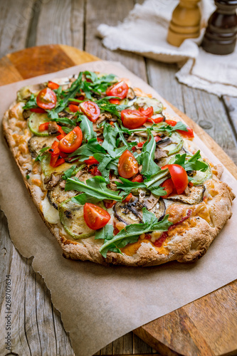 Photography vegetable pizza at the Rome dough, pinsa