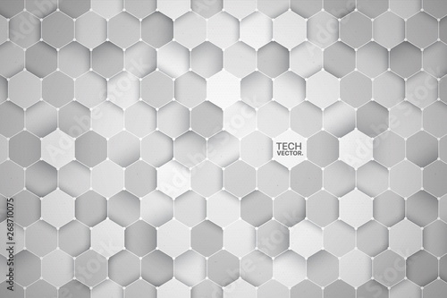 3D Science Technology Hexagonal Light Gray Vector Abstract Background. Three Dimensional Tech Hex Structure Wallpaper