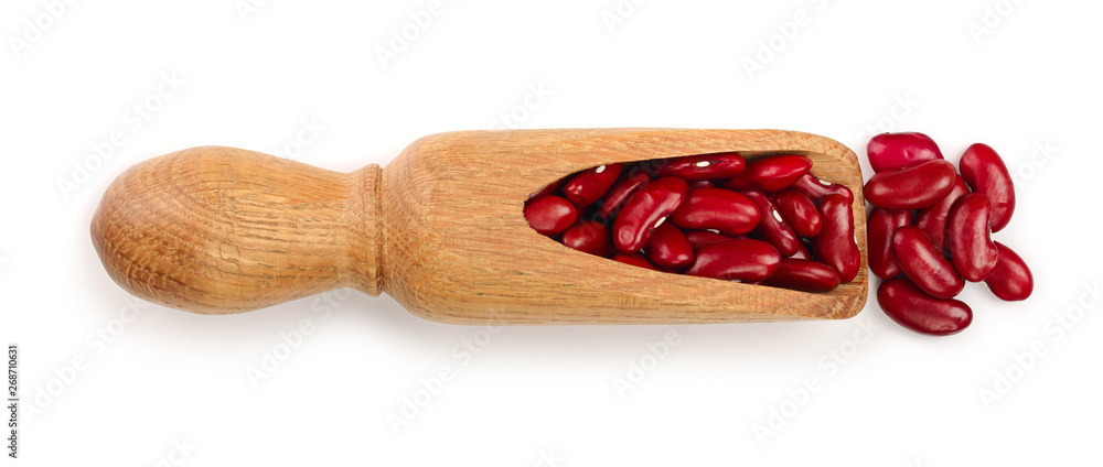 red kidney bean in wooden scoop isolated on white background. Top view. Flat lay red kidney bean in wooden scoop isolated on white background. Top view. Flat lay