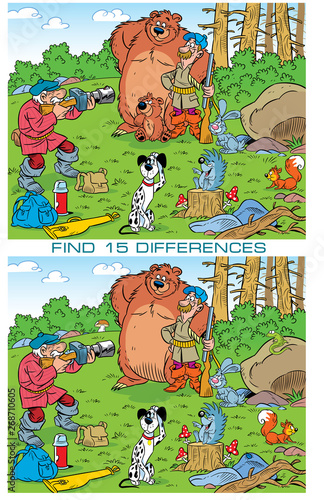 On vector illustration puzzle with animals and photo hunters. Need to find 15 differences in the pictures