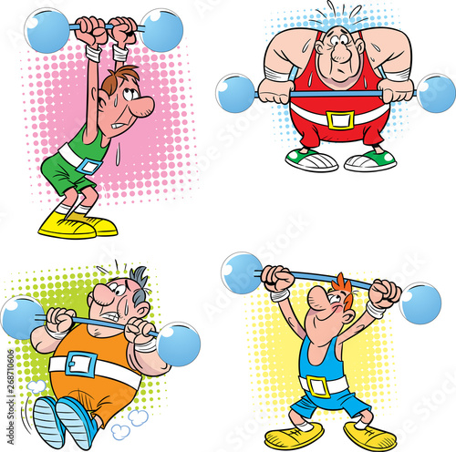 Vector illustration of a few diverse of the barbell athletes, made isolated in a humorous, cartoon style.