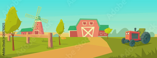 Agriculture. Farm rural landscape with red barn, tractor and windmill.
