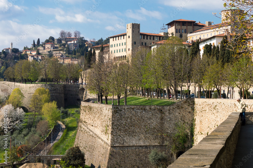Detail of the ancient city walls of Bergamo the Upper town, these urban public places have been recently nominated Unesco heritage site