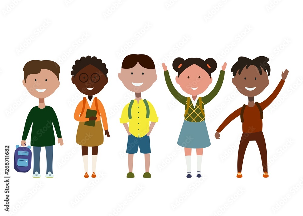 children schoolchildren of different races and different sex on a white background children schoolchildren of different races and different sex on a white background