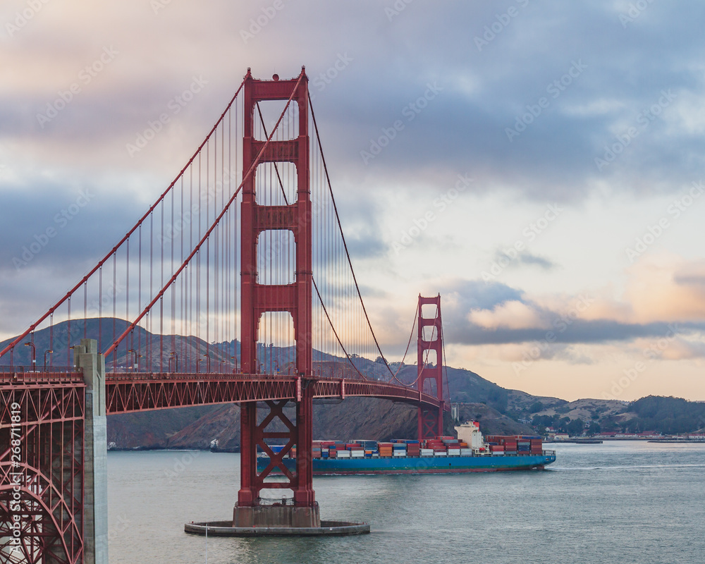 Golden Gate Bridge and cargo ship