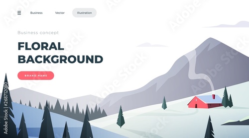 Landing page template. Modern landscape background with trees and mountain peaks. Vector illustration