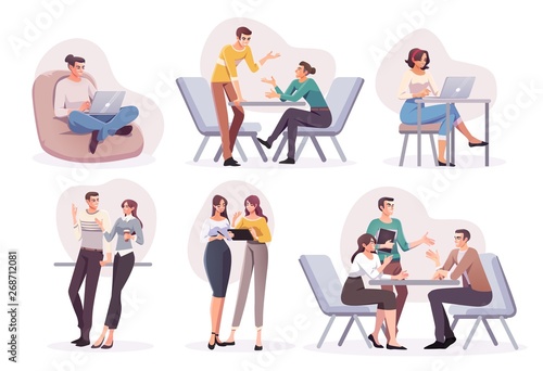 Flat style business people characters in workplace. Male and female persons in office room. Businessmen and businesswomen at work place.
