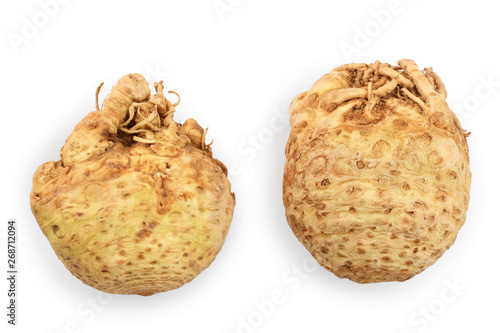 Fresh celery root isolated on white background. Top view. Flat lay