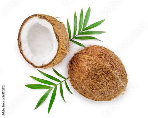 coconut with leaves isolated on white background. Top view. Flat lay