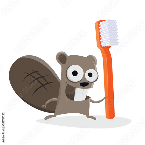 funny illustration of a cartoon beaver with a toothbrush