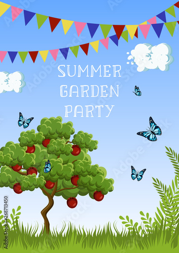 Summer Garden Party poster with apple tree, grass, butterflies, clouds, sky, flags and text.