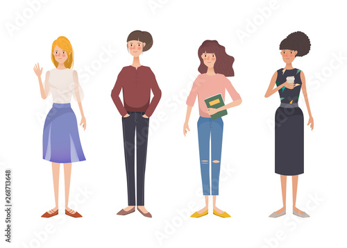 Set of cute woman character set in asian style. Hand drawn character in different lifestyl.e.