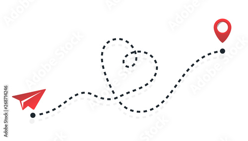 Red Paper Plane Flying on a Dashed Line Route. Love airplane route. Airplane line path vector icon of air plane flight route with start point and dash line trace