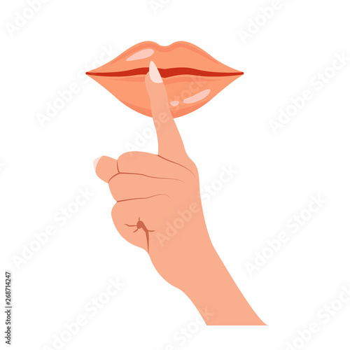 Keep silence icon. Be quiet lips and hand with finger silent sign. No noise symbol