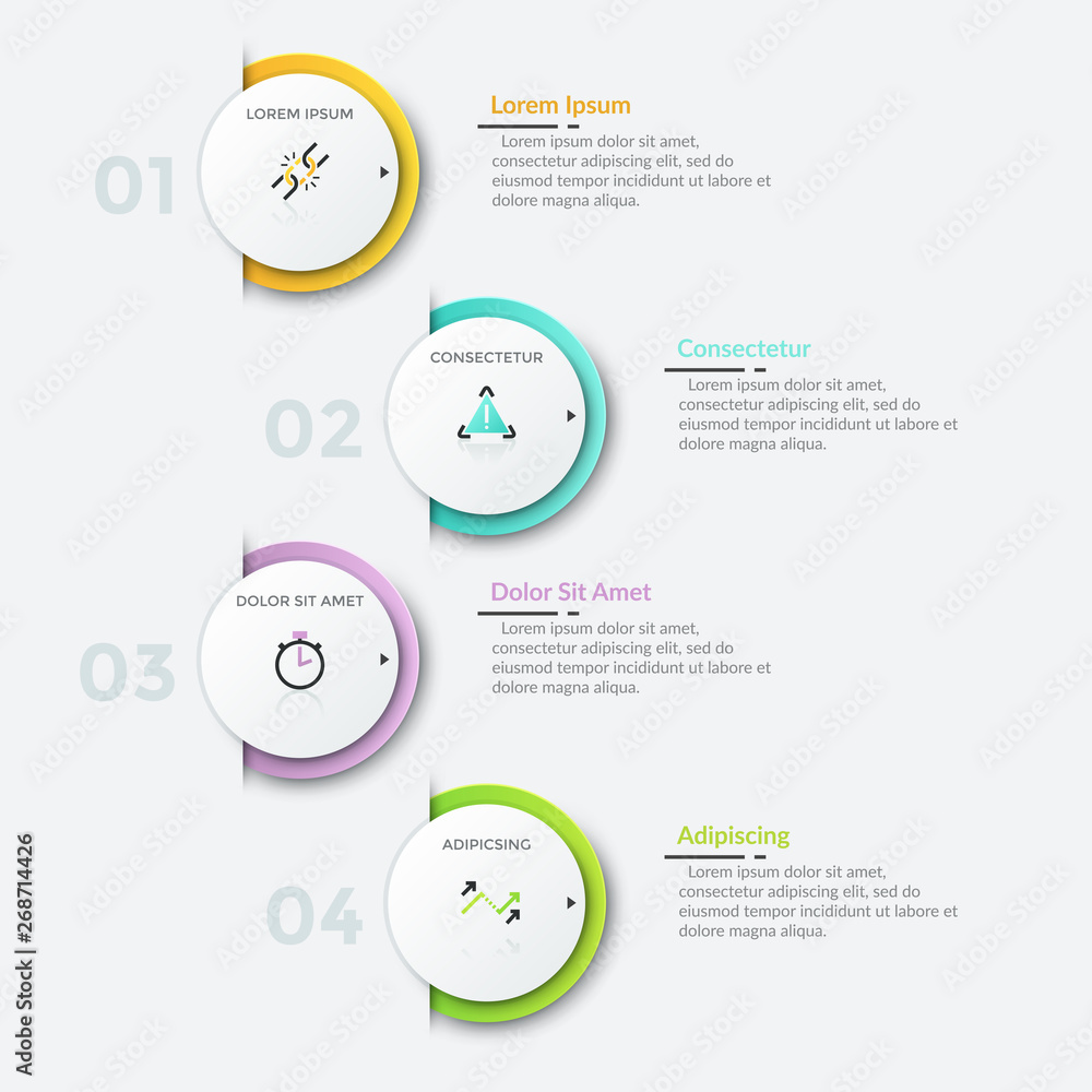 Fototapeta premium Four staggered numbered round white elements placed into vertical row, thin line icons and text boxes. Concept of 4 steps to business success. Infographic design template. Vector illustration.