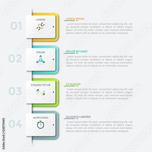 Four numbered square paper white elements placed into vertical row, thin line pictograms and text boxes. Modern infographic design template. Vector illustration for presentation, brochure, report.
